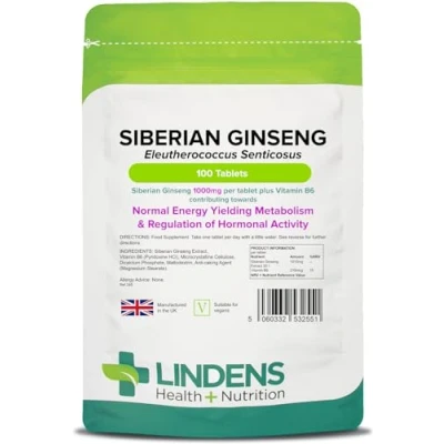 Image of Lindens Siberian Ginseng 1000mg, 100 Tablets High Potent Extract, for Normal Energy Yielding Metabolism &amp; Regulation of Hormonal Activity UK Made, Letterbox Friendly