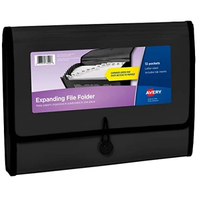 Image of Avery Expanding File Folder Organizer, 13 Pocket Accordion Black, Holds 425 Letter/A4 Size Sheets (73553)