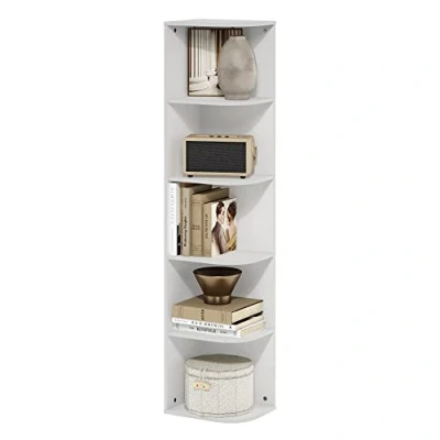 Image of Furinno Pasir 5 Tier Corner Open Shelf Bookcase, White