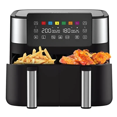 Image of Air Fryer with 2 Baskets 7.6L, JOYAMI Dual Basket Airfryer Sync Finish Function, Nonstick and Dishwasher Safe, 6 in 1 for Fry, Bake, Dehydrate, Roast, Broil &amp; More, 2850W, Black