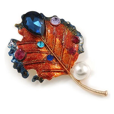 Image of Avalaya Vintage Inspired Multicoloured Crystal Enamel Leaf Brooch/Pendant in Gold Tone 74mm L