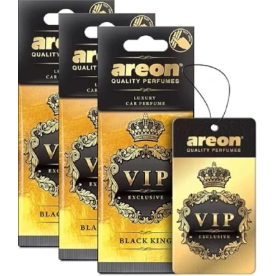 Image of AREON VIP Hanging Cardboard Air Freshener for Car, Home &amp; Office Premium Cologne Perfume with Natural Fragrances Long Lasting, Fresh, Luxurious Scent Stylish Design Black King, Pack of 3