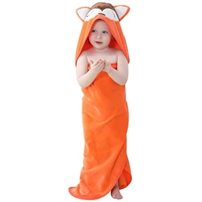 Image of COOKY.D Hooded Baby Bath Towel 100% Soft Cotton Kids Towelling Bathrobe for Girls Boys, 0 6 Years Old, 90 x 90cm, Orange Fox