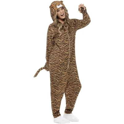 Image of Smiffys Tiger Costume, Brown with Hooded All in One, Party Animals Fancy Dress, Animal Dress Up Costumes