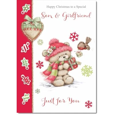 Image of doodlecards Son and Girlfriend Christmas Card Cute Bear with Red Hat Medium Size for &amp; Plain Envelope