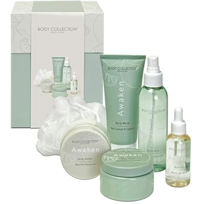Image of Body Collection Awaken Skincare Gift Box Butter, Scrub, Bath Oil, Wash, Mist &amp; Sponge Lime Basil Mandarin Fragrance 100% Vegan Cruelty Free Luxury Pampering Set for Her