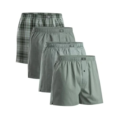 Image of DANISH ENDURANCE 4 Pack Woven Boxer Shorts for Men, Loose Fit Comfort Underwear, Organic Cotton, Assorted Green/Stripes Mix, L