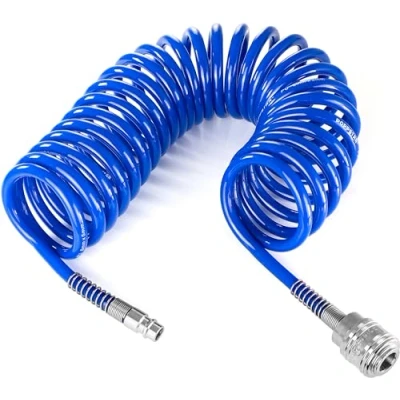 Image of Poppstar Compressed Air Spiral Hose 5m from PU (5mm x 8 mm Diameter) with Kink Protection and Quick Coupling DN 7.2