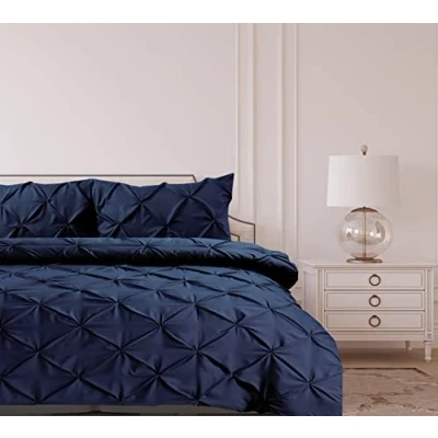 Image of Bronwen Mathews Pintuck Super King Duvet Set Navy Pinch Pleat Soft Microfibre S.King Bed Quilt Cover with 2 Pillowcase,Easy Care Wrinkle Free SuperKing Bedding of 3 Pcs (Navy,Super Set)