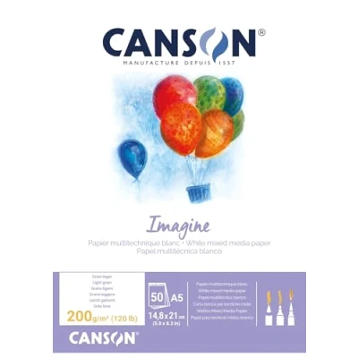 Image of Canson Imagine A5 200g White Mixed Media Paper Pad, Light Grain, Markers, Brushes, Felt Tip Pens, Ideal for Professional Artists &amp; Illustrators