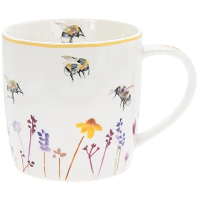 Image of Tea Coffee Mug Pretty White Floral Water Colour Busy Bees Design by Jennifer Rose Gallery Boxed