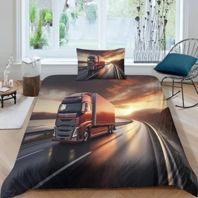 Image of GEEYOU Lorries Luxe Quilt Cover Set Hidden Zipper Duvet with Pillowcases trucks Bedding Soft Microfiber Comforter Various Sizes for Kids Adults Single（135x200cm）