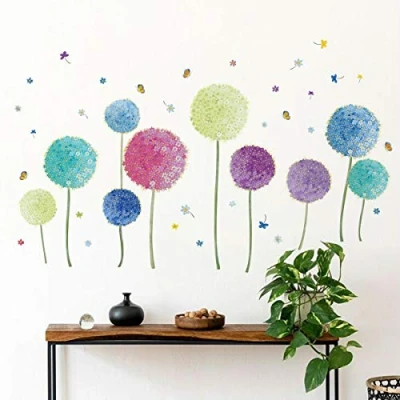 Image of Runtoo Colorful Flower Wall Decals Dandelion Allium Baseboard Stickers Butterfly Living Room Bedroom Décor