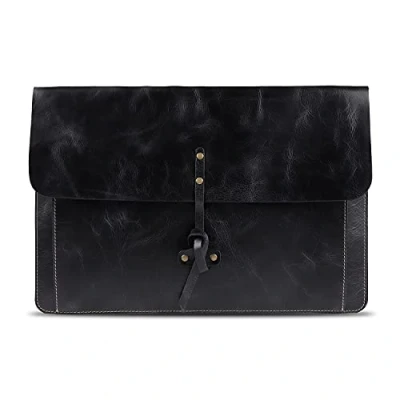 Image of Londo Real Grain Leather MacBook Pro Case with Front Pocket &amp; Flap Closure (Black, 15 16 Inches)