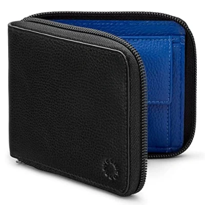 Image of Yoshi Mens RFID Blocking Full Zip Around Leather Coin Pocket Wallet (Black/Blue)