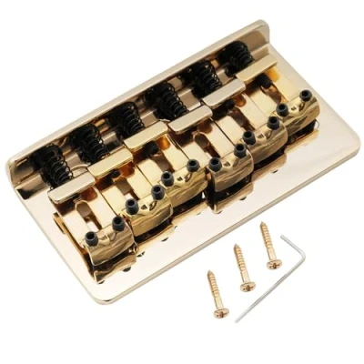 Image of Musiclily Pro 54mm Steel Hardtail Fixed Bridge Vintage Bent Saddles for Import Strat Tele Style Electric Guitar, Gold