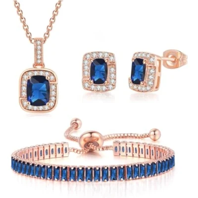 Image of FDEETY Jewellery Set for Women Cubic Zirconia Bridal Pendant Necklace Bracelet and Earrings Gifts Wedding Bride Bridesmaids (Blue)