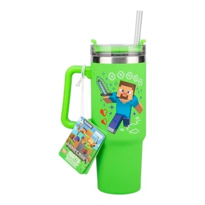 Image of Paladone Minecraft Steve &amp; Creeper 30 oz Green Insulated Cup and Straw, Officially Licensed Quencher Travel with Handle for Iced Tea or Coffee, Gaming Merchandise