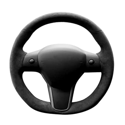 Image of Alfanxi Hand Stitch Sewing Italy Alcantara Car Steering Wheel Cover Wrap for Tesla Model 3/Tesla Y (Black Alcantara+No Stripes)