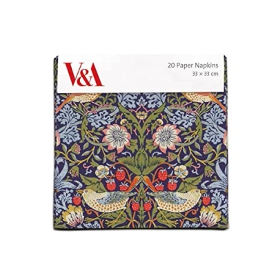 Image of Pack of 20 Paper Serviette Napkins &#039;Strawberry Thief&#039; Design by William Morris Disposable Tableware Museums &amp; Galleries