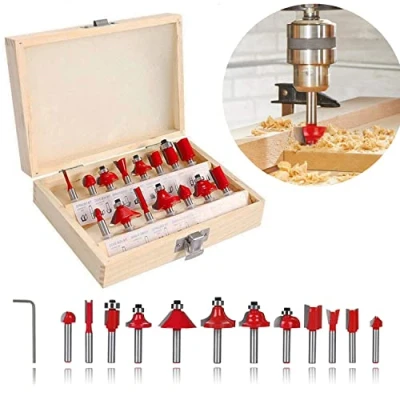 Image of 15pcs Router Bit Set 1/4 Inch 6.35mm Shank Tungsten Carbide Tipped with Wooden Box Double Flute Wood Milling Saw Cutter Woodworking Bits for Handwork and DIY