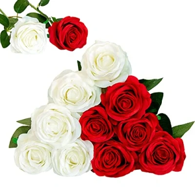 Image of Floralsecret 12 Pcs Artificial Silk Roses Flower Bouquet Faux Flowers Home Wedding Party Decor(White,Red)
