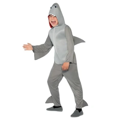 Image of Smiffys Shark Costume, Grey with Hooded Jumpsuit &amp; Fins, Children&#039;s Animal Fancy Dress, Dress Up Costumes