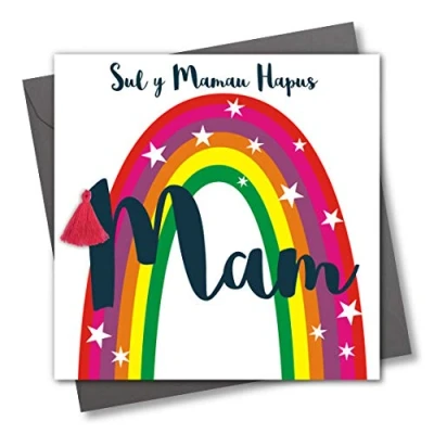 Image of Welsh Language Tassel Embellished Mother&#039;s Day Greeting Card, Mum, Sul y Mamau Hapus Mam, Rainbow
