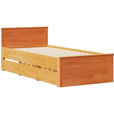 Image of vidaXL Solid Pine Wood Single Bed Frame Wax Brown, Slatted Base, Storage Drawers 196x94.5x75cm