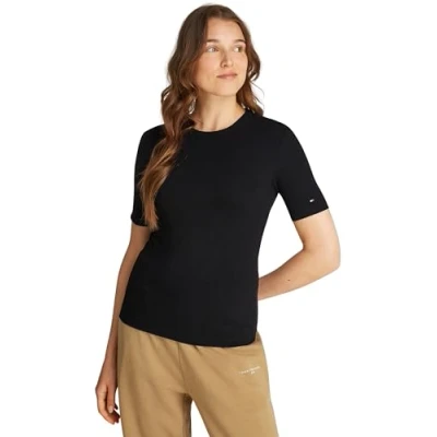 Image of Tommy Hilfiger Women’s Short Sleeve Ribbed Round Neck T Shirt, Black (Black), L