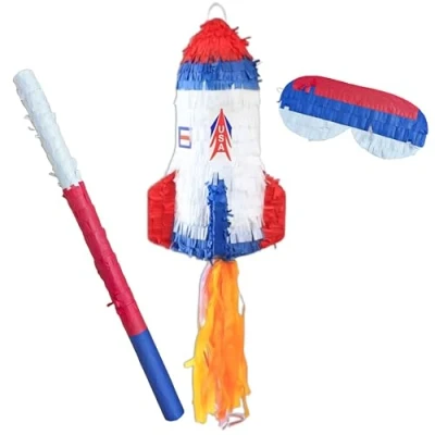 Image of Space Rocket Pinata for Kids Fill Your Own Party Game Decoration Includes Bashing Stick &amp; Blindfold Astronaut Outer Birthday Parties 43cm x 27.5cm 20.5cm