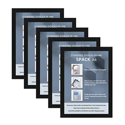 Image of STANDNEE A4 Magnetic Frame, 5PCS Window Display Holder, Self Adhesive Frame for Wall,Refrigerator,Window (Black)
