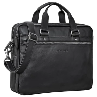 Image of STILORD &#039;Brayson&#039; Briefcase Laptop Bag Leather for 16&#039; MacBooks Vintage Work Large Satchel Business Shoulder Attachable to Trolleys, Colour:Black