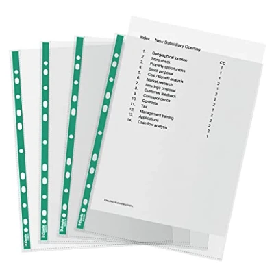 Image of Esselte A4 Punched Pockets, 100 x Poly 34 Micron Thickness, Clear Embossed Pockets With Reinforced Green Spine, Ideal For Lever Arch Files &amp; Ring Binders (Pack of 100), 628531