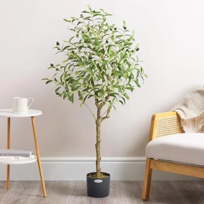 Image of CHRISTOW Artificial Olive Tree, Indoor Outdoor House Plant Decoration, Faux Olives &amp; Lifelike Feel Real PEVA Leaves, Pre Potted in Weighted Cement Pot for Living Room Bedroom Office (4ft/120cm)