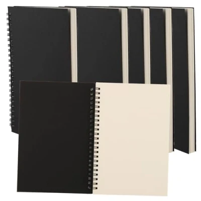 Image of HAKZEON 6 Pack 100gsm A5 Sketchbook, 60 Sheets/120 Pages Black Kraft Cover Spiral Bound Blank Sketch Pad for Memos, Painting, Writing, Drawing, Travel