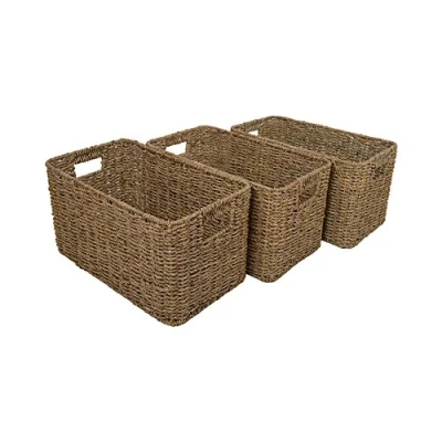 Image of Wovenhill Set of 3 Seagrass Wicker Baskets Handmade Woven Storage Box Small W20 x D38 H21cm Natural Brown