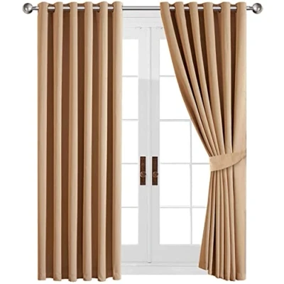 Image of AMEHA Blackout Curtains for Living Room Thermal Insulated Bedroom Eyelet Ring Top 66 x 72 Inch Drop Super Soft Window Curtain Drapes Pair Panel + Tiebacks, Beige