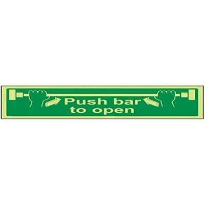 Image of V Safety Glow In The Dark Push Bar To Open Door Sign 450mm x 150mm Self Adhesive Vinyl