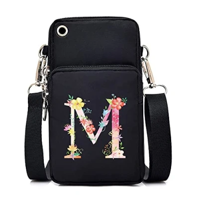 Image of FINDING CASE initial letter Printed Women Girls men Zipper Waterproof Nylon 3 Layers Crossbody Bags Wallet Cellphone Purse Shoulder Bag Wristlet Handbags Adjustable Strap (pink M)