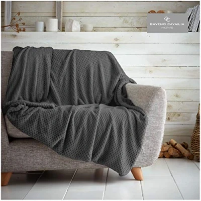 Image of GC GAVENO CAVAILIA Popcorn Honey Comb Sofa Bed Blanket, Fluffy Lightweight Throw Blankets, Cosy Warm Settee Waffle Over, Charcoal, 150X200