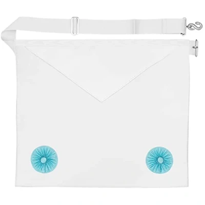 Image of THE MASONIC COLLECTION Craft Fellow 2nd Degree Lambskin Leather Apron White Colour with Blue Rosettes Large Pocket &amp; Adjustable Belt Gift Accessory For Freemason Men