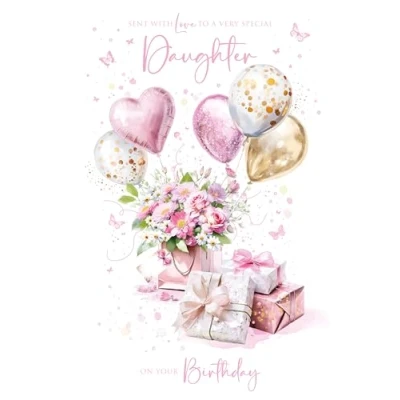Image of Cherry Orchard Luxury Daughter Birthday Card Pretty Presents &amp; Balloons design from Foil Finish and Insert