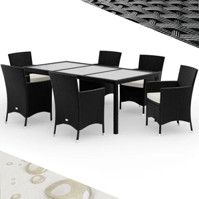 Image of CASARIA® 7 Piece Polyrattan Garden Dining Furniture Set 6 Stackable Armchairs 7cm Thick Cushions 190x90cm Patio Table Safety Glass Top Terrace Balcony Seating Group Black