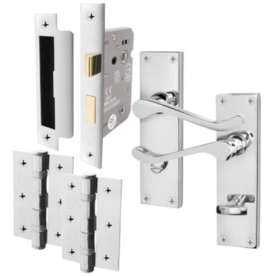 Image of EAI Polished Chrome Victorian Scroll Bathroom Door Handle Set 1 Pair of Internal Lever Handles on Backplate with Hinges (76mm) &amp; Lock (64mm)