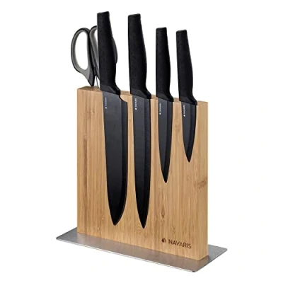Image of Navaris Double Sided Wooden Magnetic Knife Holder Universal Wood Block for Knives, Scissors, Kitchen Cutlery Bamboo, 22.5 x 22 cm