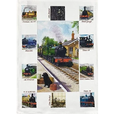 Image of Half a Donkey Hand Drawn Classic Steam Trains Large Cotton Tea Towel