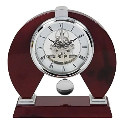 Image of Modern Skeleton Mantel Clock with Pendulum. Red Wood Piano Finish