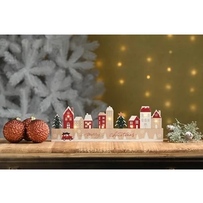 Image of Festive Productions Light Up Wooden Village Scene 38cm Battery Operated Christmas Decoration for Home Gift Idea