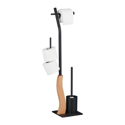 Image of Relaxdays WC Set, Standing Toilet Paper, Brush with Holder, Bathroom Accessory, 87 x 20 cm, Black/Natural, Fibreboard, 26 cm